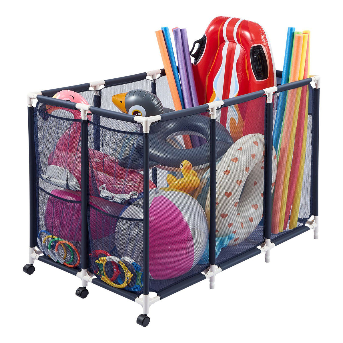 Pool Storage Bin, 47.2 x 30.2 x 34 in, Rolling Pool Float Storage Organizer with Side Pockets & Casters, Heavy Duty Plastic Frame, Poolside Toys Noodles Holder Mesh Basket for Swimming Pools