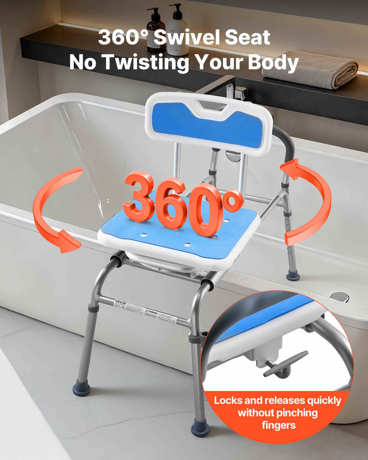 Sliding Shower Chair, 400 lbs Tub Transfer Bench for Bathtub with Swivel Seat, Padded Shower Bench with Arms and Backrest, Height Adjustable for Handicap, Adults, Seniors, Elderly and Disabled