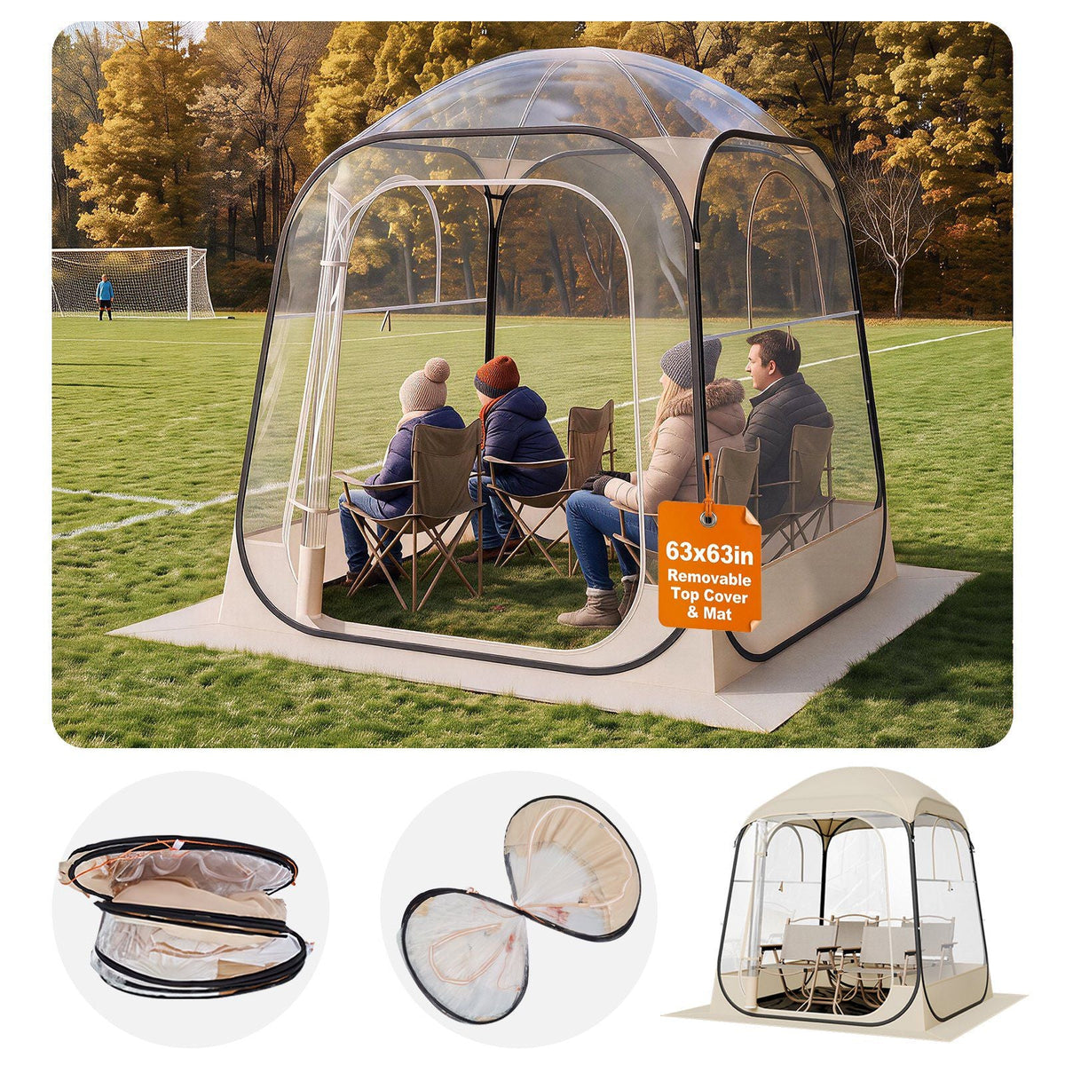 Pop up Sports Tent, 63x63 in Clear Bubble Tent for 2-4 Persons, Waterproof Outdoor Pod with Floor Mat & Top Cover, Garden Igloo Dome Tents Camping Shelter for Events Fishing Cheering