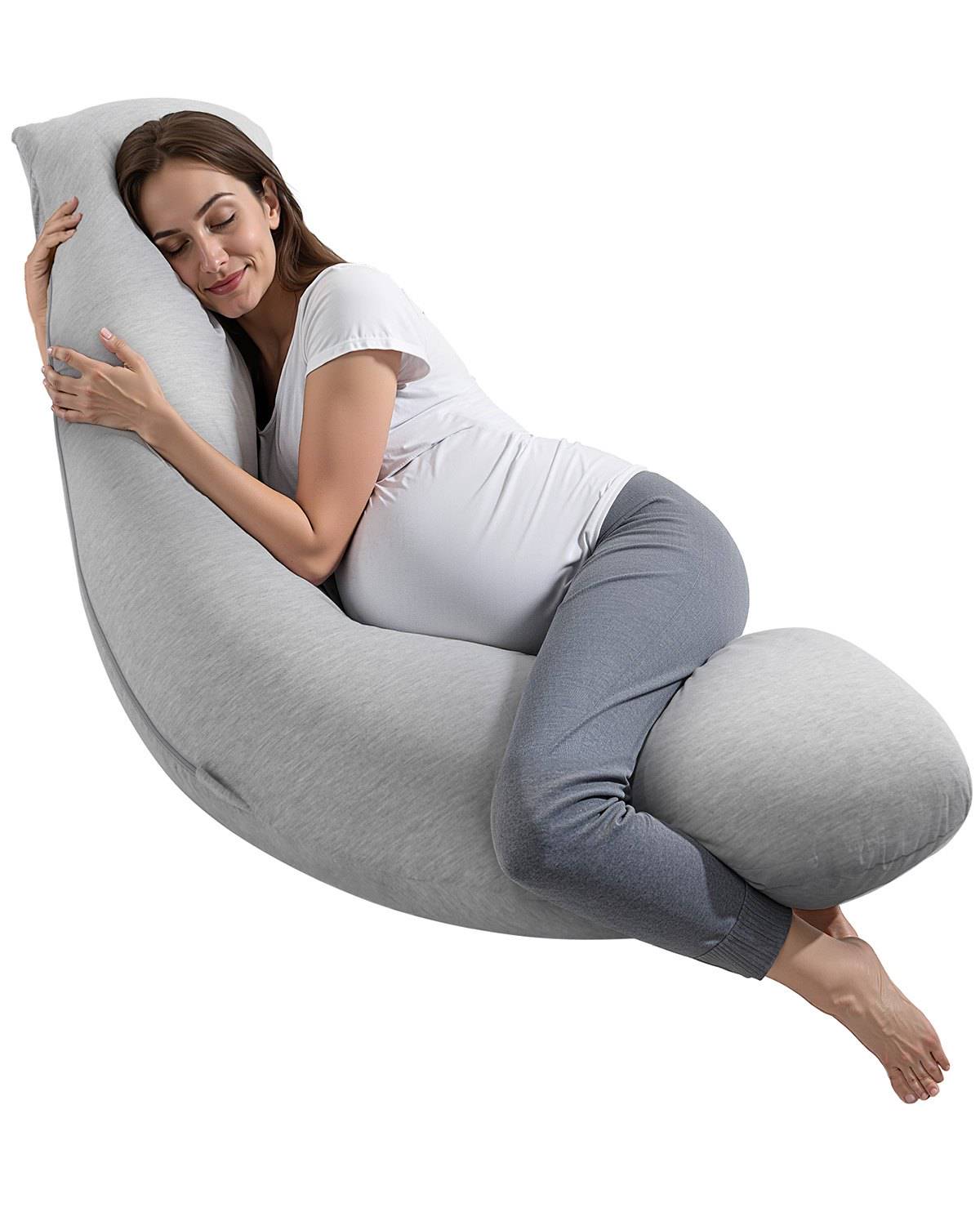Pregnancy Pillows for Side Sleeping, L-Shaped Maternity Pillow for Pregnant Women, Soft & Breathable Pregnancy Body Pillow with Washable Jersey Cover for Head Neck Belly Leg Support, Light Gray