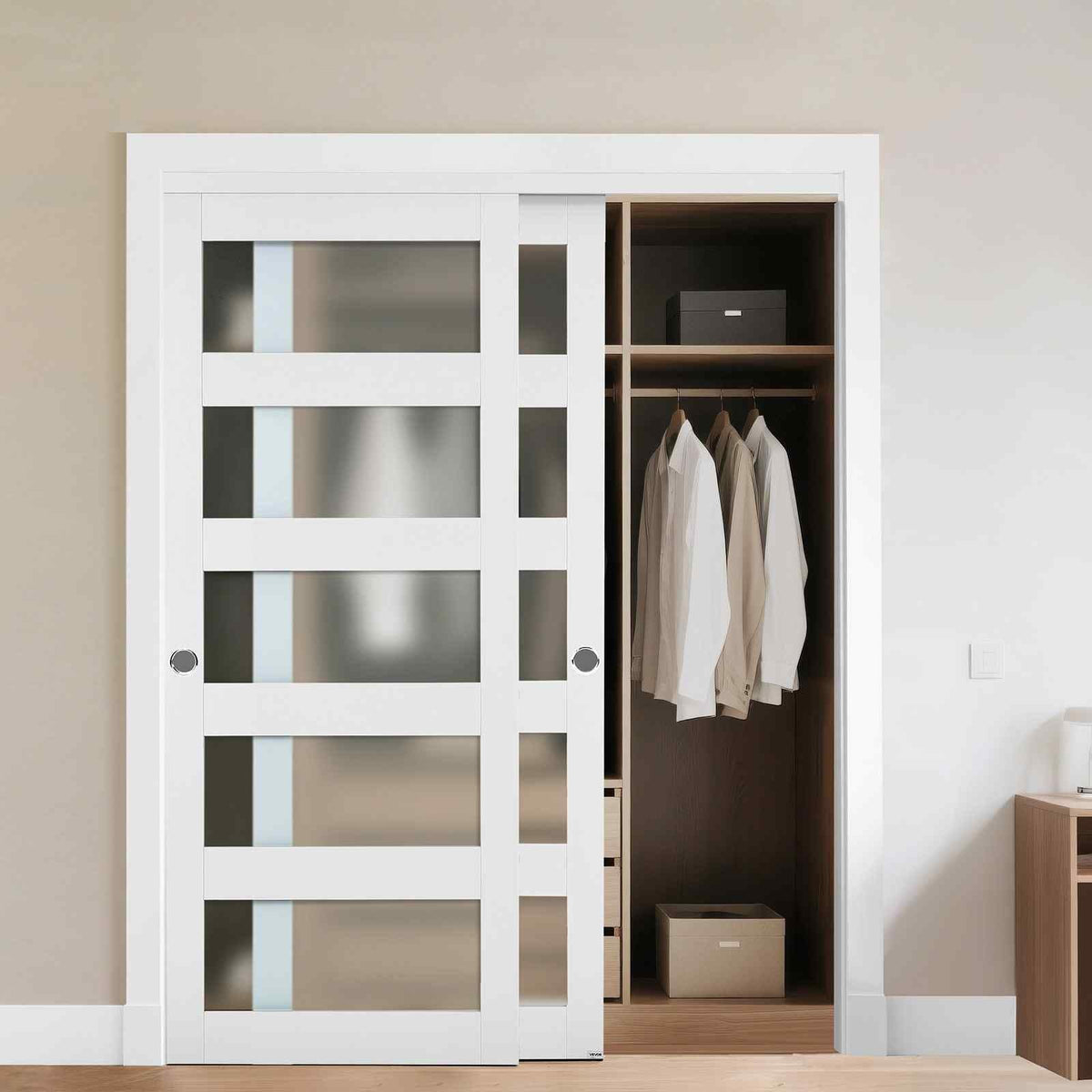 Sliding Closet Door, 60" (Double 31") x 80", 5-Lite Frosted Glass Bypass Sliding Doors with Hardware Kit & Floor Guide, Solid Wood & MDF Slab with Water-Proof PVC Surface for Closets Bedrooms