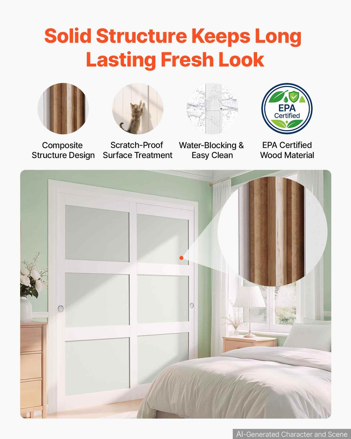 Sliding Closet Door, 72" (Double 37") x 80", 3-Lite Frosted Glass Bypass Sliding Doors with Hardware Kit & Floor Guide, Solid Wood & MDF Slab with Water-Proof PVC Surface for Closets Bedrooms