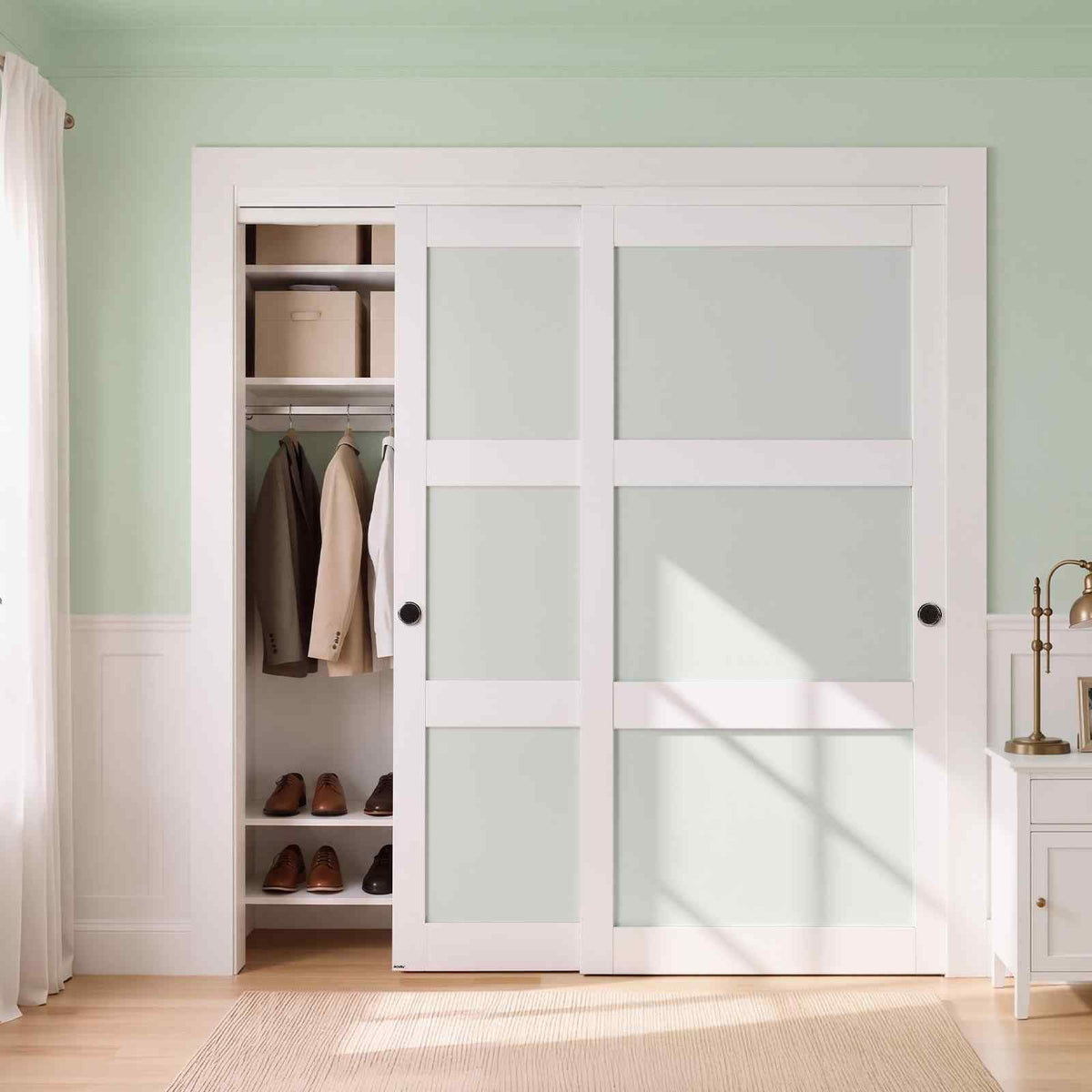 Sliding Closet Door, 72" (Double 37") x 80", 3-Lite Frosted Glass Bypass Sliding Doors with Hardware Kit & Floor Guide, Solid Wood & MDF Slab with Water-Proof PVC Surface for Closets Bedrooms