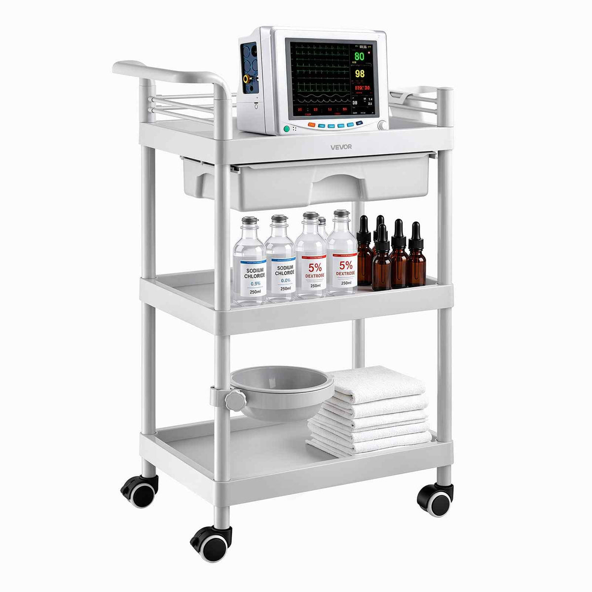 Medical Cart Three-Tier Medical Trolley Cart with Drawer 110.23 lbs, for Clinic, Hospital, Beauty Salon, Lab, with Storage Bin and Waste Tray, Stable Support, Medical Trolley Cart with Casters