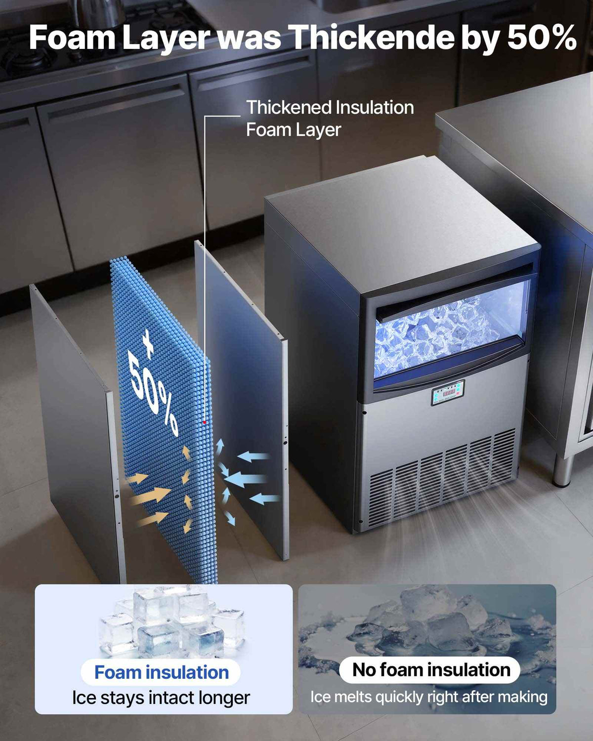 Commercial Ice Maker Machine, 200 lbs/24h with 50 lbs Storage Capacity, Built-in/Freestanding/Under Counter, Stainless Steel Ice Maker with LED Display & Self-Cleaning, for Home Bar Restaurant