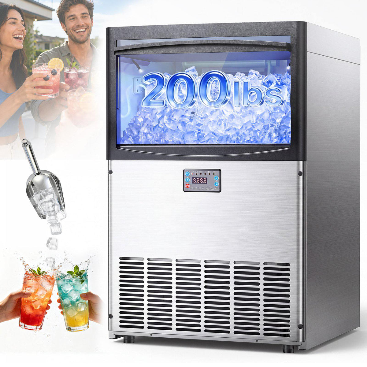 Commercial Ice Maker Machine, 200 lbs/24h with 50 lbs Storage Capacity, Built-in/Freestanding/Under Counter, Stainless Steel Ice Maker with LED Display & Self-Cleaning, for Home Bar Restaurant