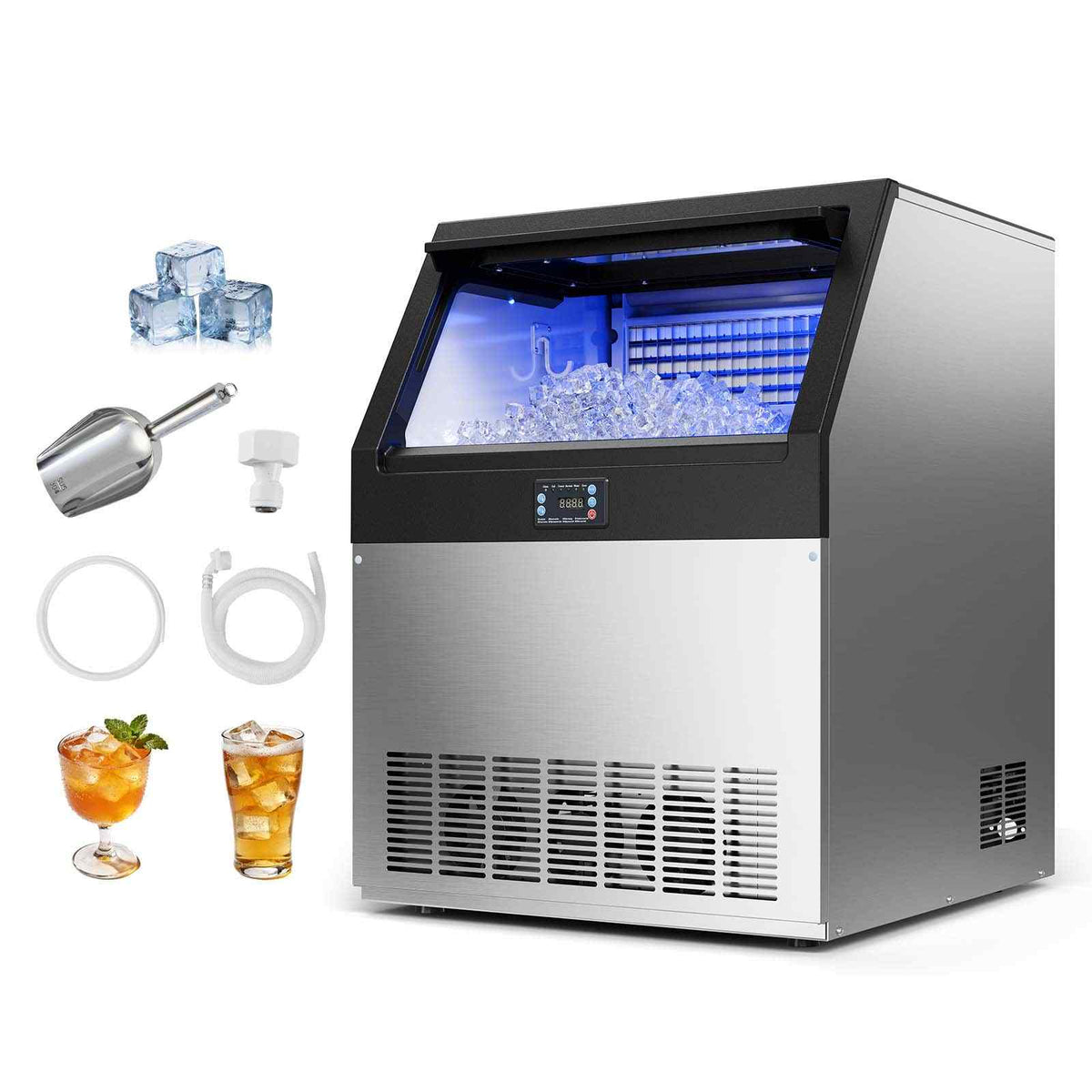 Commercial Ice Maker Machine, 360 lbs/24h with 85 lbs Storage Capacity, Built-in/Freestanding/Under Counter, Stainless Steel Ice Maker with LED Display & Self-Cleaning, for Home Bar Restaurant
