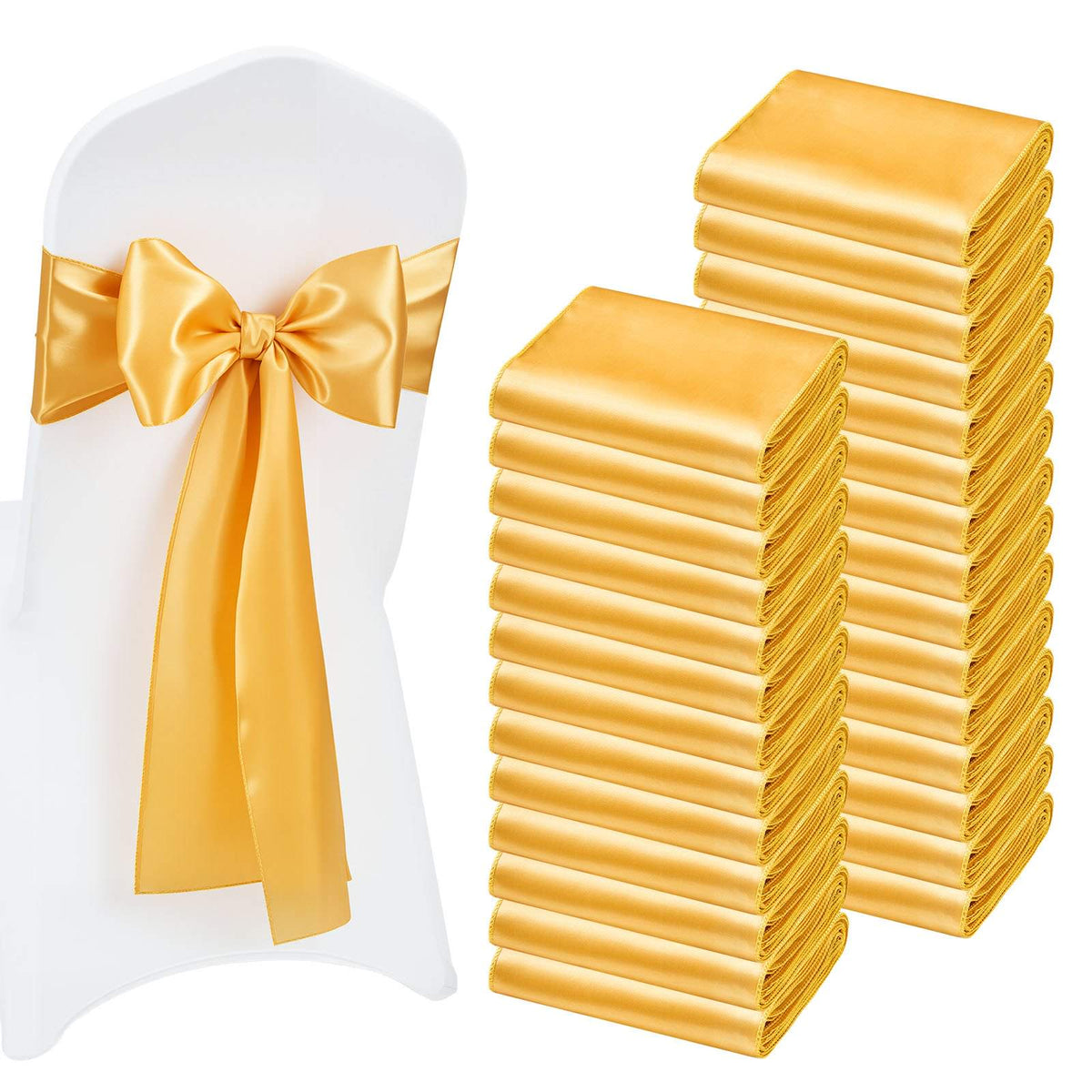 Satin Chair Sashes Bows, 100PCS Chair Ribbon Ties Back Sash, 7 x 108 inch, Gold Wedding Reception Decoration, for Wedding Ceremony Baby Shower Party Events Banquet Chair Cover Decoration