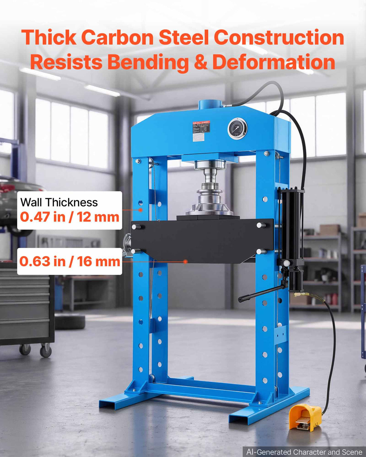 75-Ton Shop Press, Pneumatic/Manual Hydraulic Shop Press with Foot Pedal, Hand Wheel & Pressure Gauge, H-Frame Heavy-Duty Garage Floor Adjustable Shop Press for Bending, Straightening, Pressing