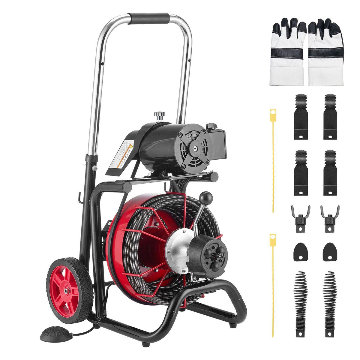 Drain Cleaner Machine 100 FT x 3/8 Inch, Auto Feed Sewer Snake Auger on Wheels - with 8 Cutters & Air-Activated Foot Switch for 2" to 4" Pipes