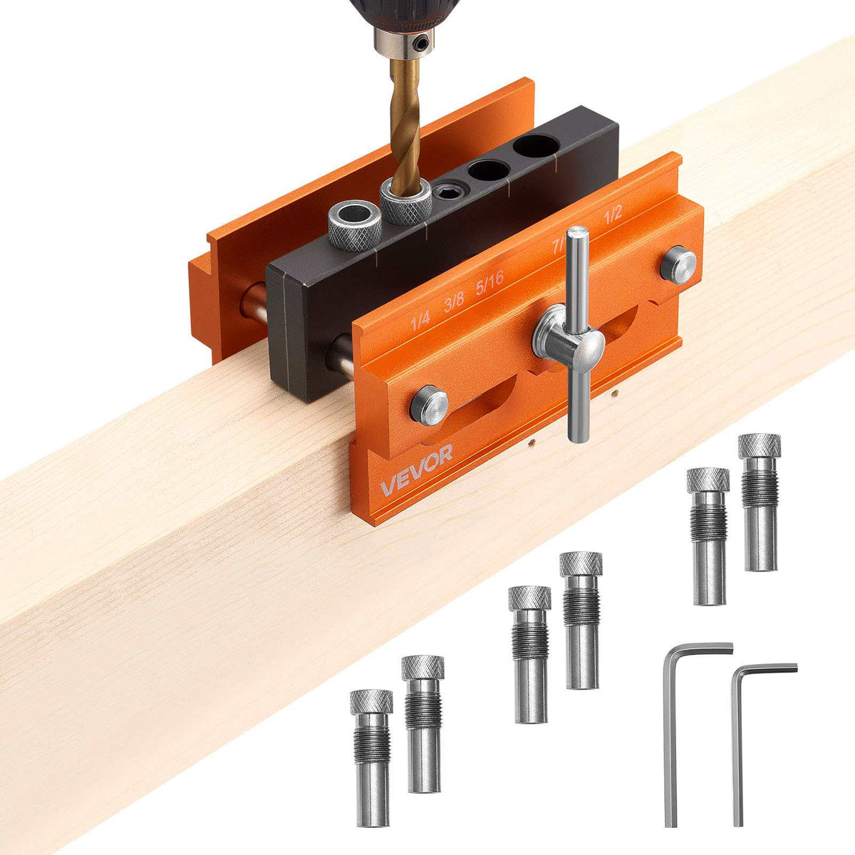 Doweling Jig Kit, Self Centering Dowel Drill Jig for Straight Holes, Aluminum Alloy Woodworking Tools with 6 Drill Guide Bushings, Adjustable Width, for Wood Working, Drilling and Marking