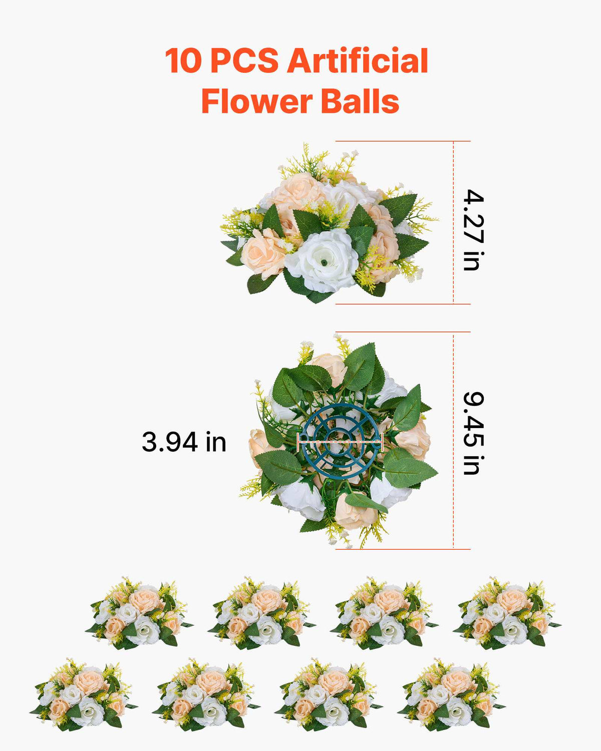 Flower Ball Arrangement Bouquet 10 PCS, 9.5-Inch Diameter Artificial Flower Balls Wedding Table Centerpieces, Rose Arrangements for Wedding Centerpiece Home Decoration, Champagne & White Roses