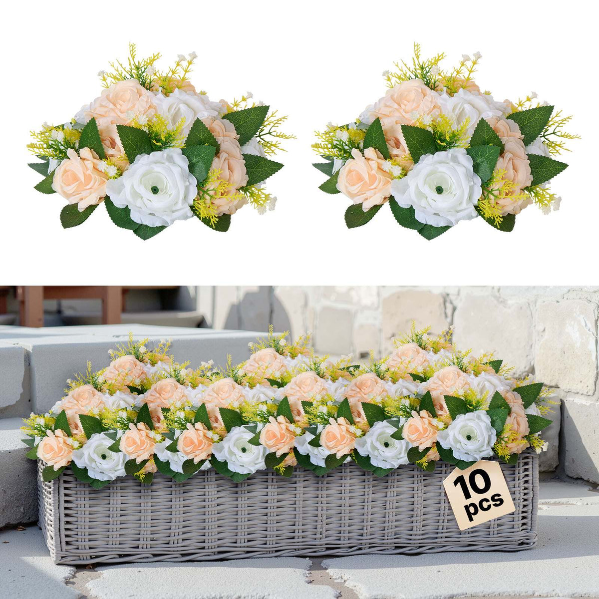 Flower Ball Arrangement Bouquet 10 PCS, 9.5-Inch Diameter Artificial Flower Balls Wedding Table Centerpieces, Rose Arrangements for Wedding Centerpiece Home Decoration, Champagne & White Roses