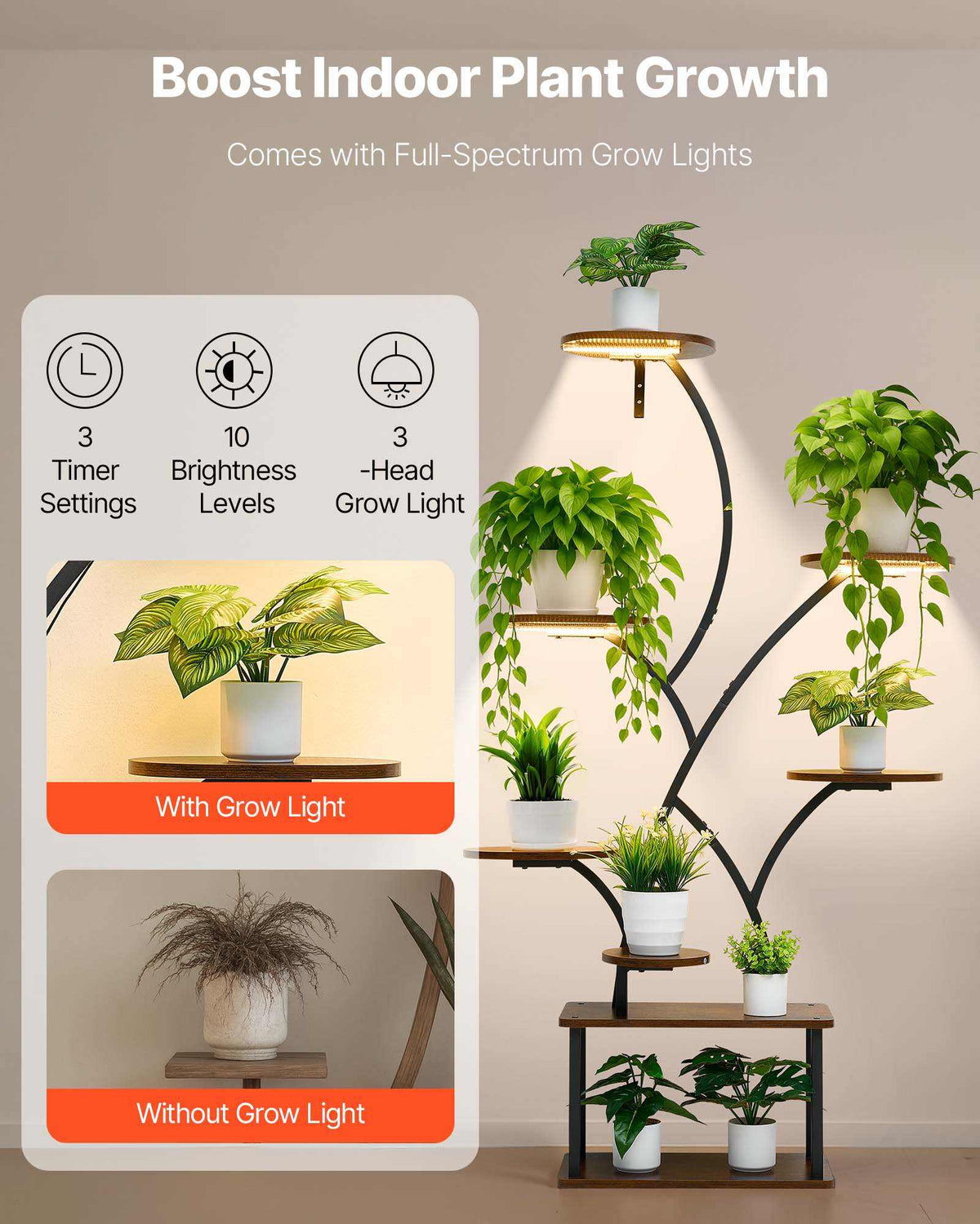 Plant Stand Indoor with Grow Lights, 62 in Tall 8-Tier Lighted Plant Shelf, Metal Corner Plants Holder, 3 Timer & 10 Brightness, Tree-Shaped Flower Display Rack for Living Room Balcony Decor