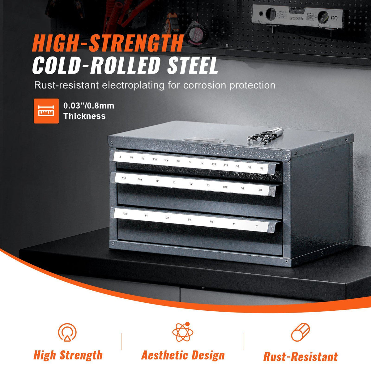 Three-Drawer Steel Cabinet for End Mill Organization, Accommodates 1/8" to 1", Features 29 Compartments with Labels, Stackable Design for Efficient Storage