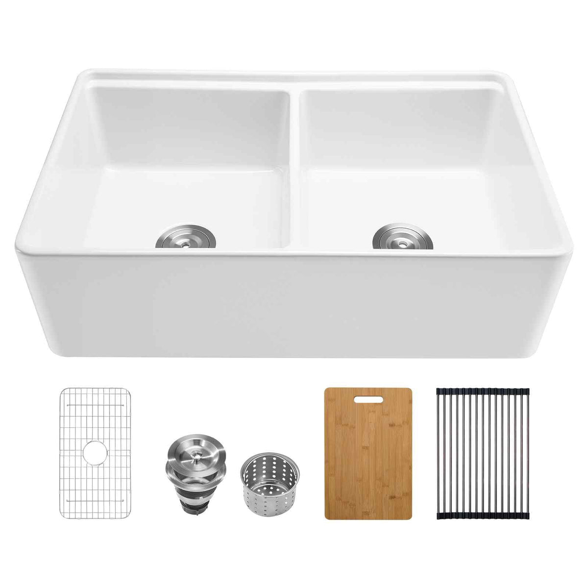 33x20 inch Farmhouse Sink, White Sink Workstation, Fireclay Undermount Basins, Apron Front Double Bowl Basin with Multiple Accessories, Large Capacity Household Dishwasher Sinks for Kitchen