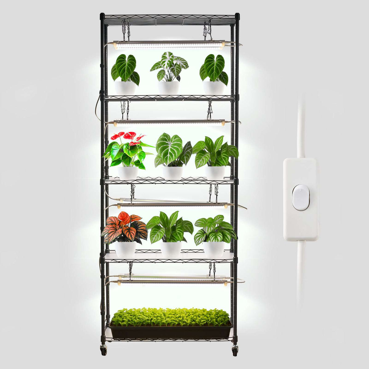 DIY Plant Shelf with Grow Lights, 71 in Tall Indoor Plant Stand with Wheels, 192W 5000K Full Spectrum Grow Lights, Heavy Duty Metal Plants Display Rack, Flower Pot Holder for Seed Starting