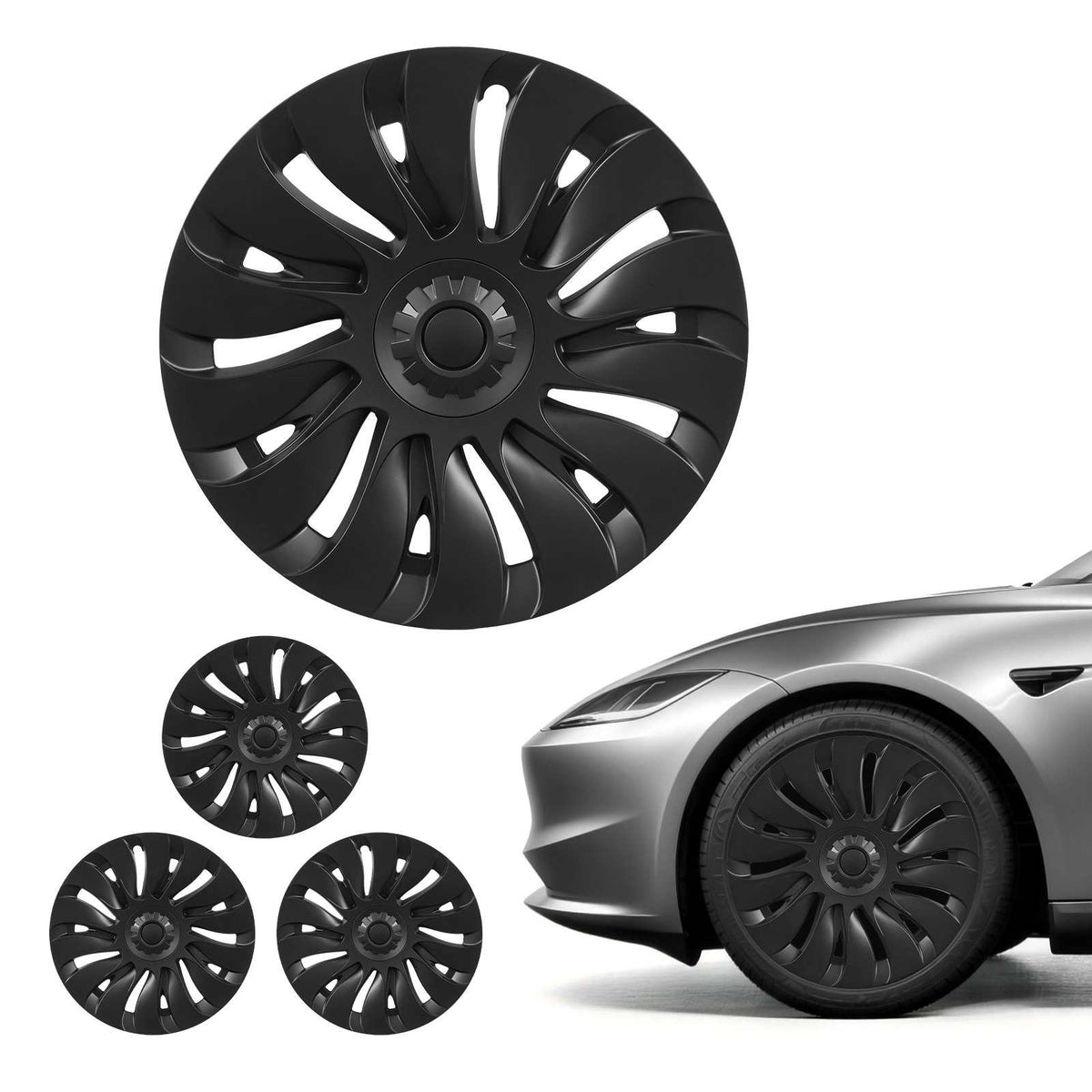 Hubcaps Wheel Covers for 2021-2024 Tesla Model Y, 19 Inch Set of 4 Wheel Rim Cover Hubcaps OEM Style Replacement, R19 Size Snap On Car Hub Caps, Premium 14-Spoke ABS Tire Rim Caps, Matte Black