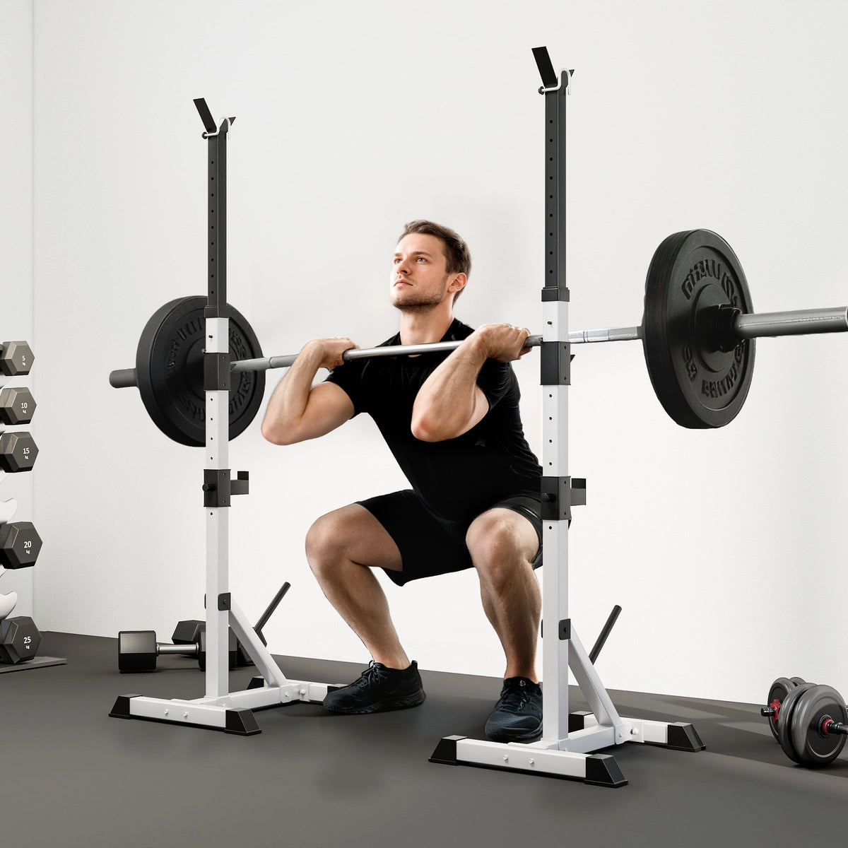 Pair of Adjustable Squat Rack Standard 53.5"-69.25" Barbell Rack Stand 440lbs Capacity, 2" Steel Heavy Duty Bench Press Rack, Support 3 Sets Barbells Storage