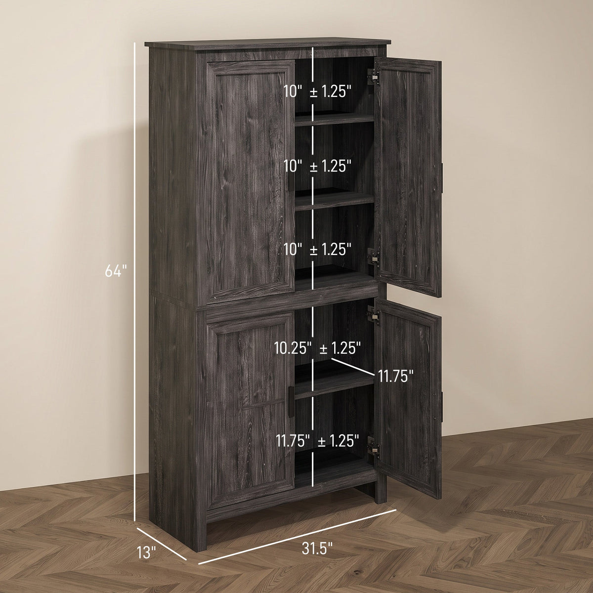 64" 4-Door Kitchen Pantry, Freestanding Storage Cabinet with 3 Adjustable Shelves for Kitchen, Gray Oak