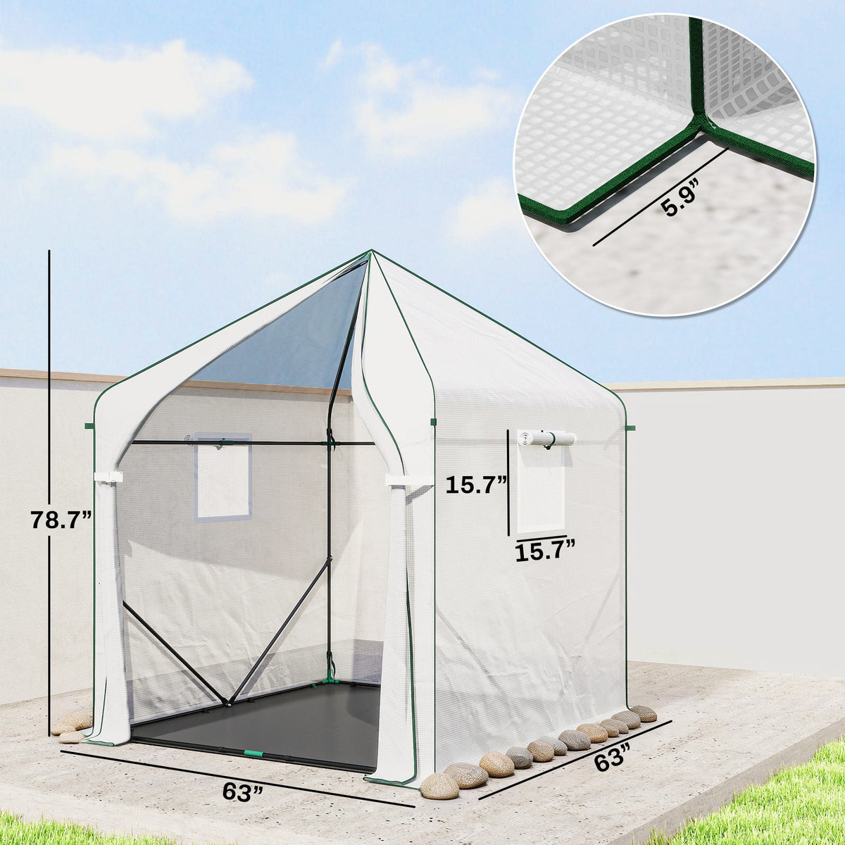 Walk-in Greenhouse, 63" x 63" x 78.7", Roll-Up Door, 3 Mesh Windows, PE Cover, Steel Frame, White