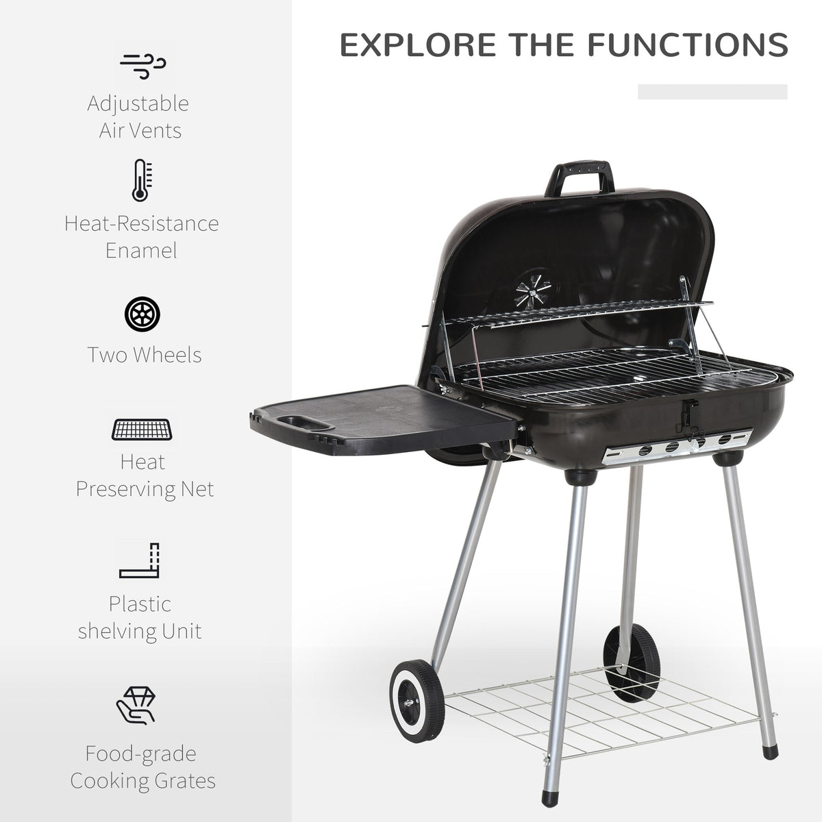 22" Charcoal Barbecue Grill with Portable Wheel, Side Tray and Lower Shelf for Outdoor BBQ for Garden, Backyard, Poolside
