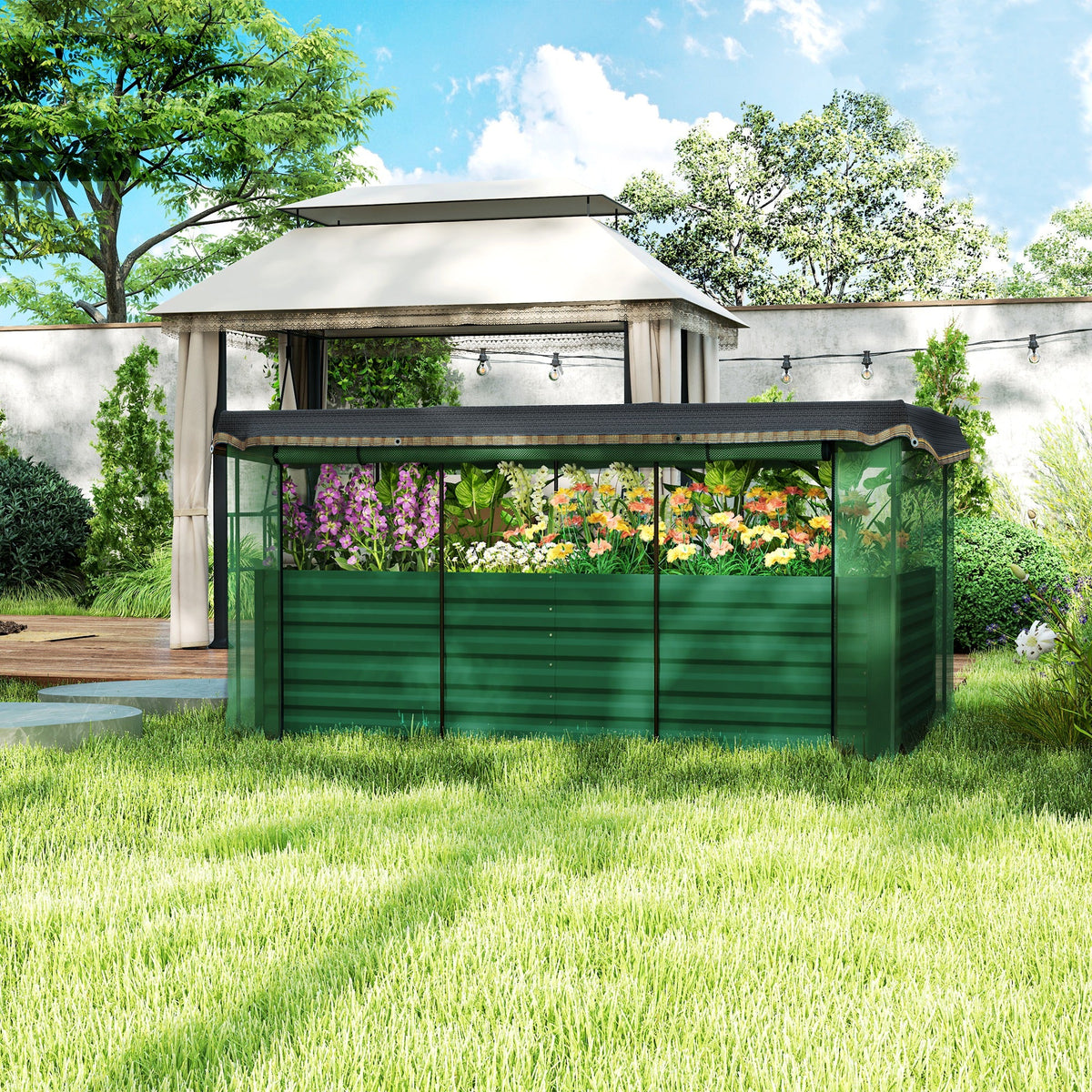 Galvanized Steel Planter Box with Crop Cage and Shade Cloth, Raised Garden Bed for Flowers, Veggies and Herbs, Green