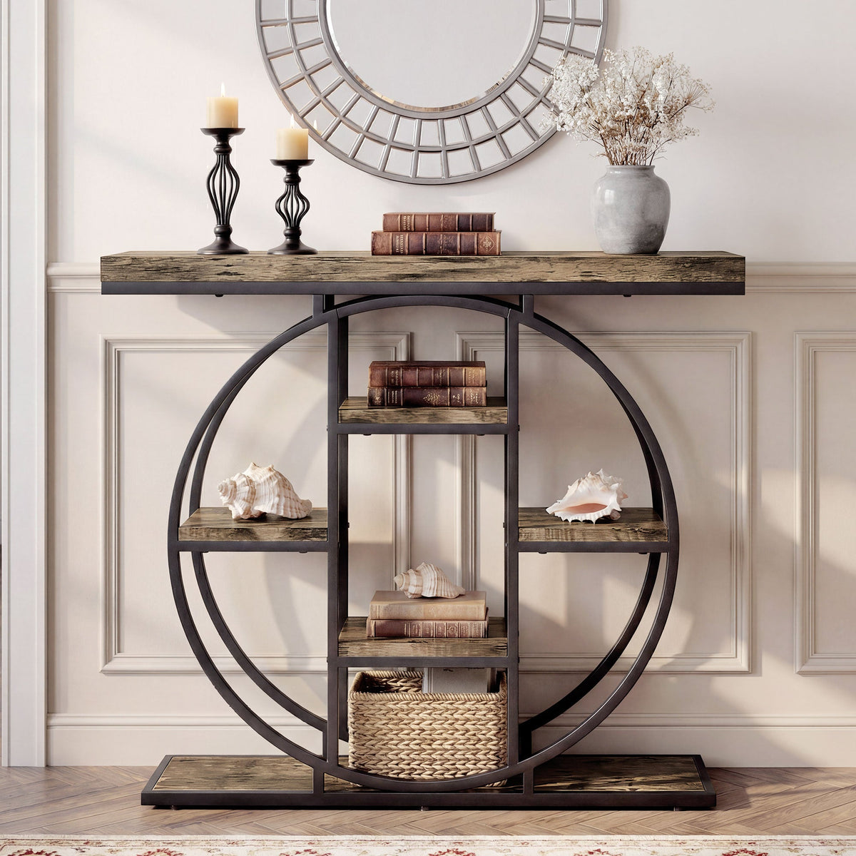 39.4" Console Table with Storage Shelves, Industrial Sofa Table for Living Room, Hallway, Rustic Oak