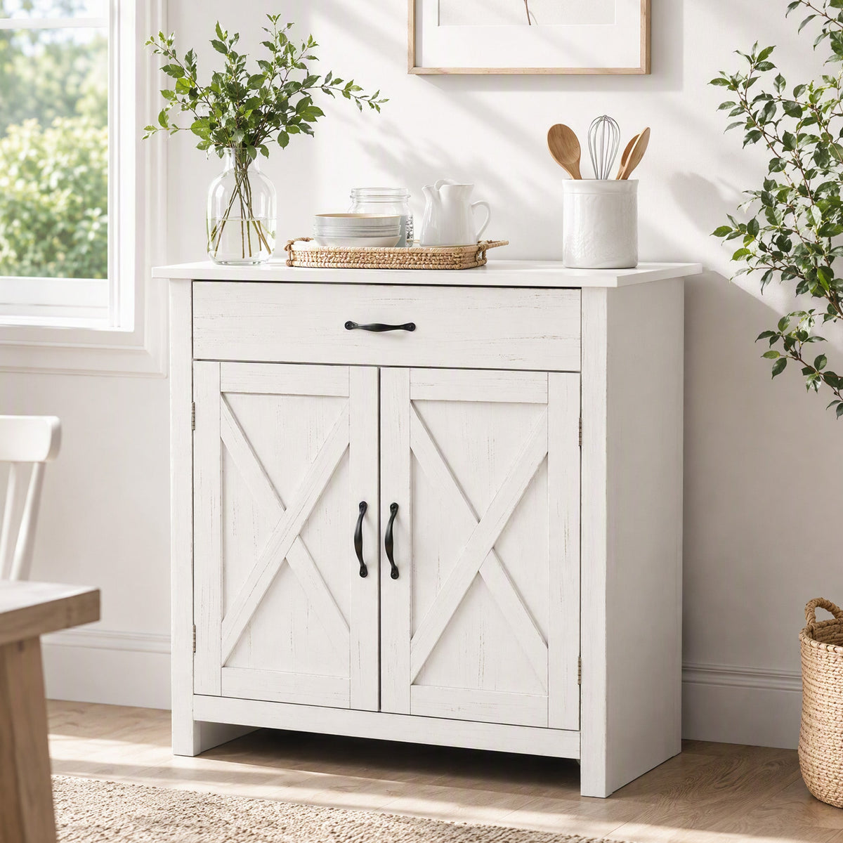 Farmhouse Sideboard Cabinet with Barn Doors Kitchen Buffet Cabinet with Drawer and Adjustable Shelf Stone White Wash